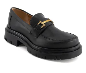 Andrea Women's Black Penny Loafers with Golden Ornament 58645