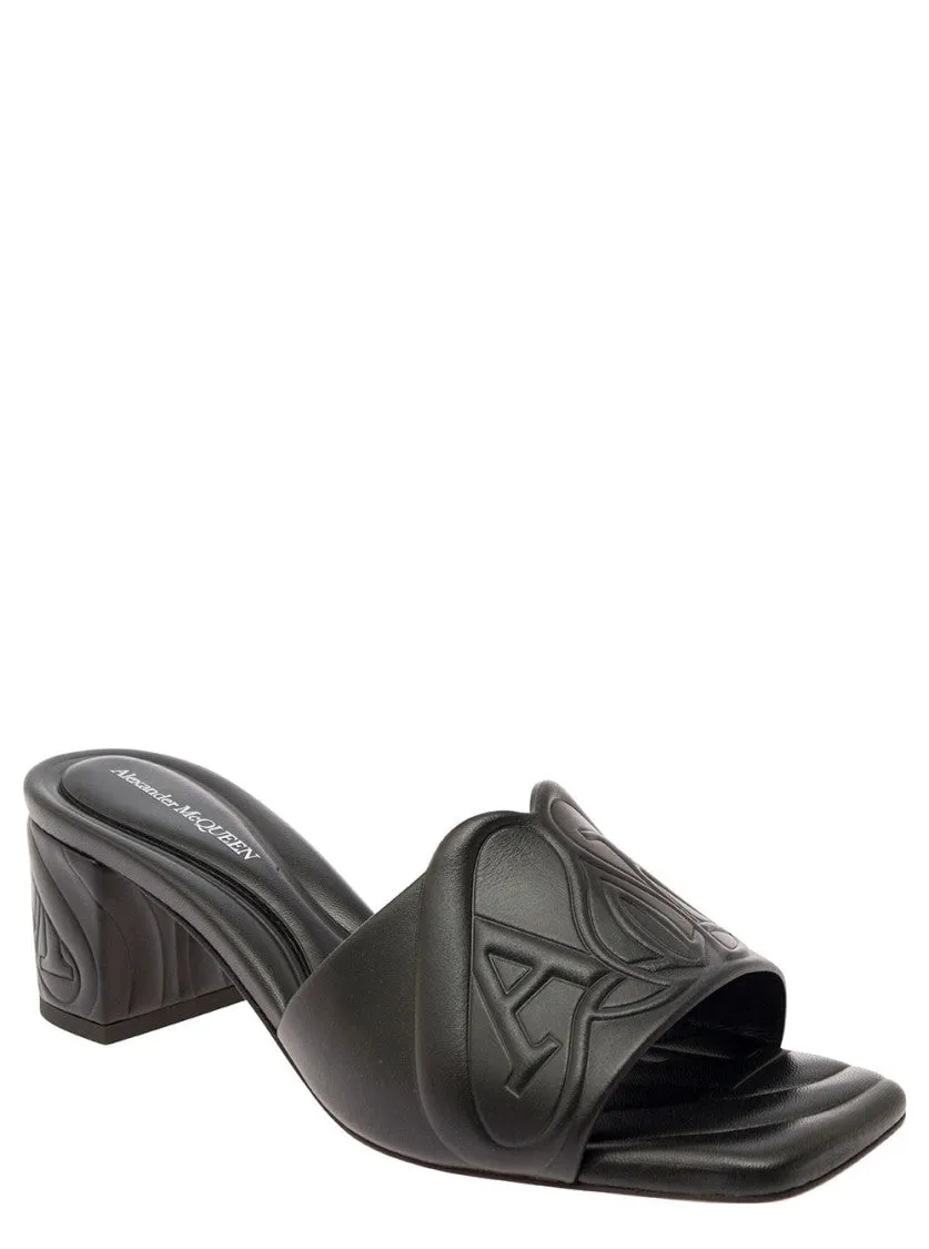 Black Slip-On Sandals With Embossed Logo In Padded Leather