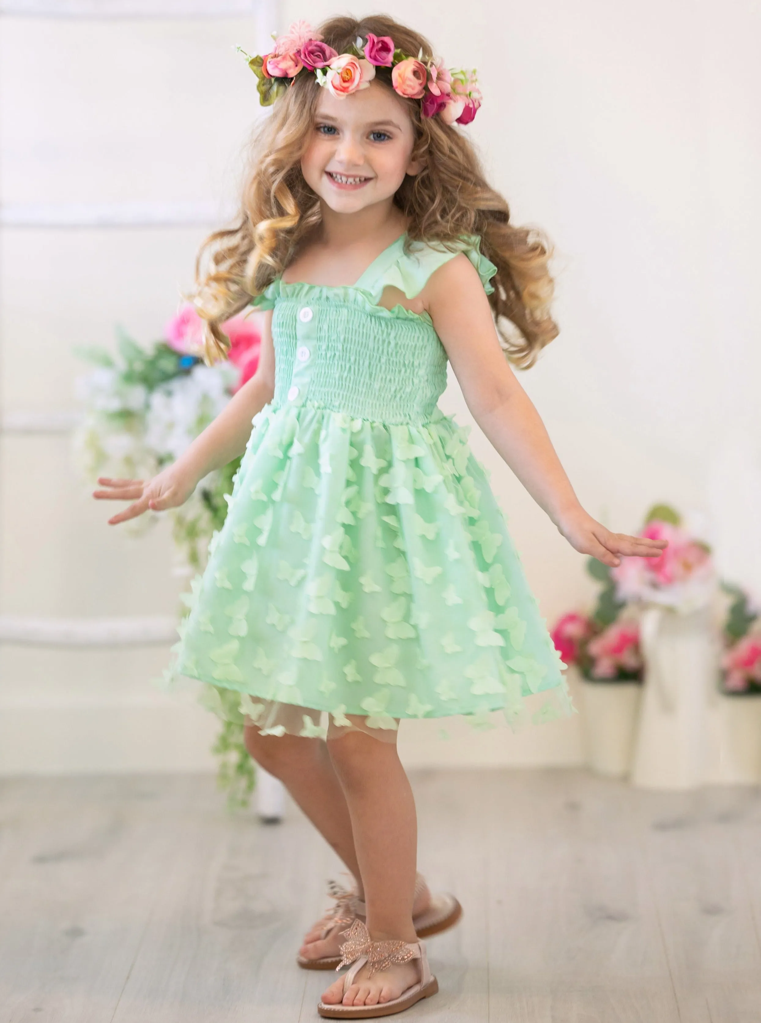 Butterfly Kisses Green Smocked Dress