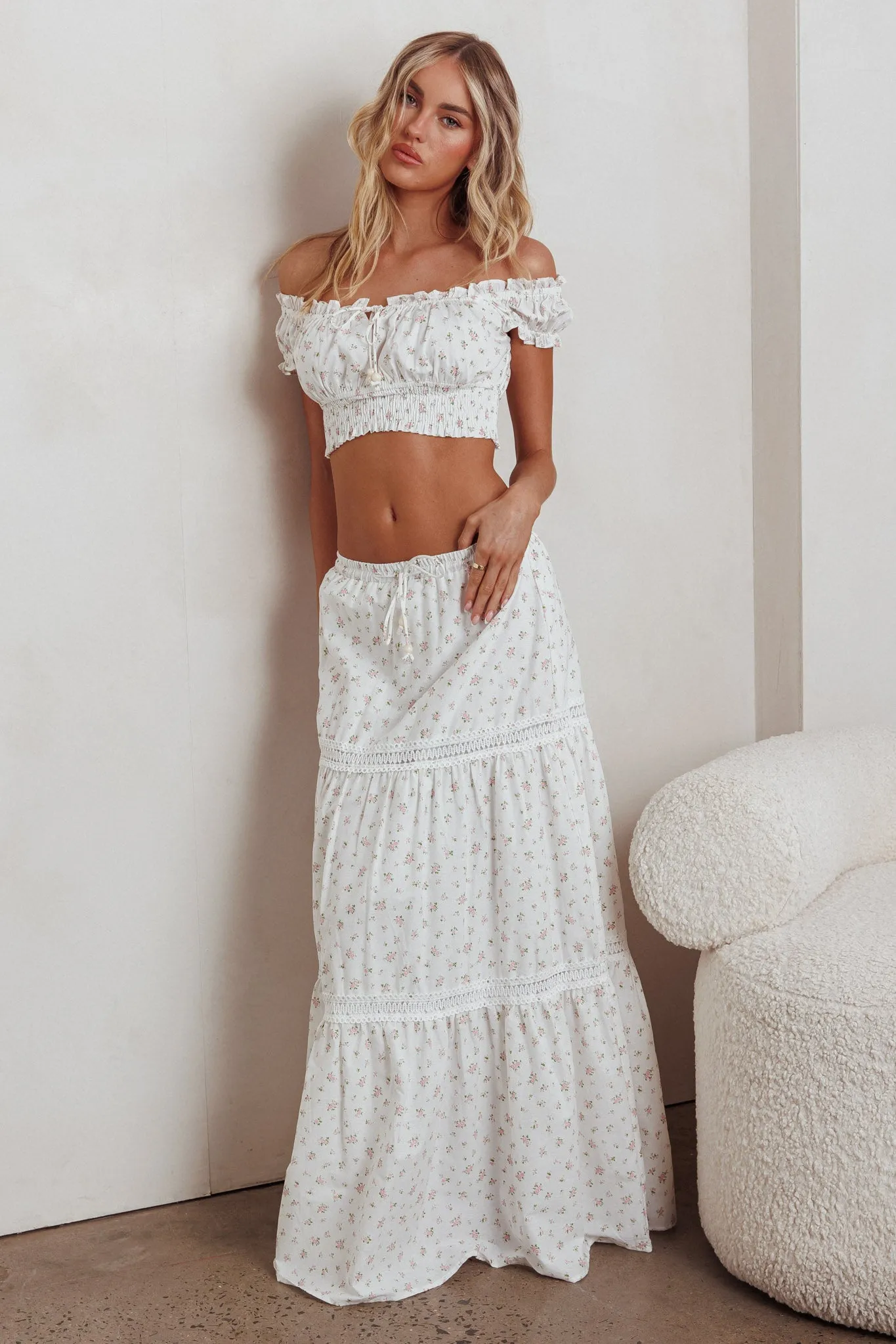 Canyon Cove Crochet Trim Maxi Skirt Floral Pink