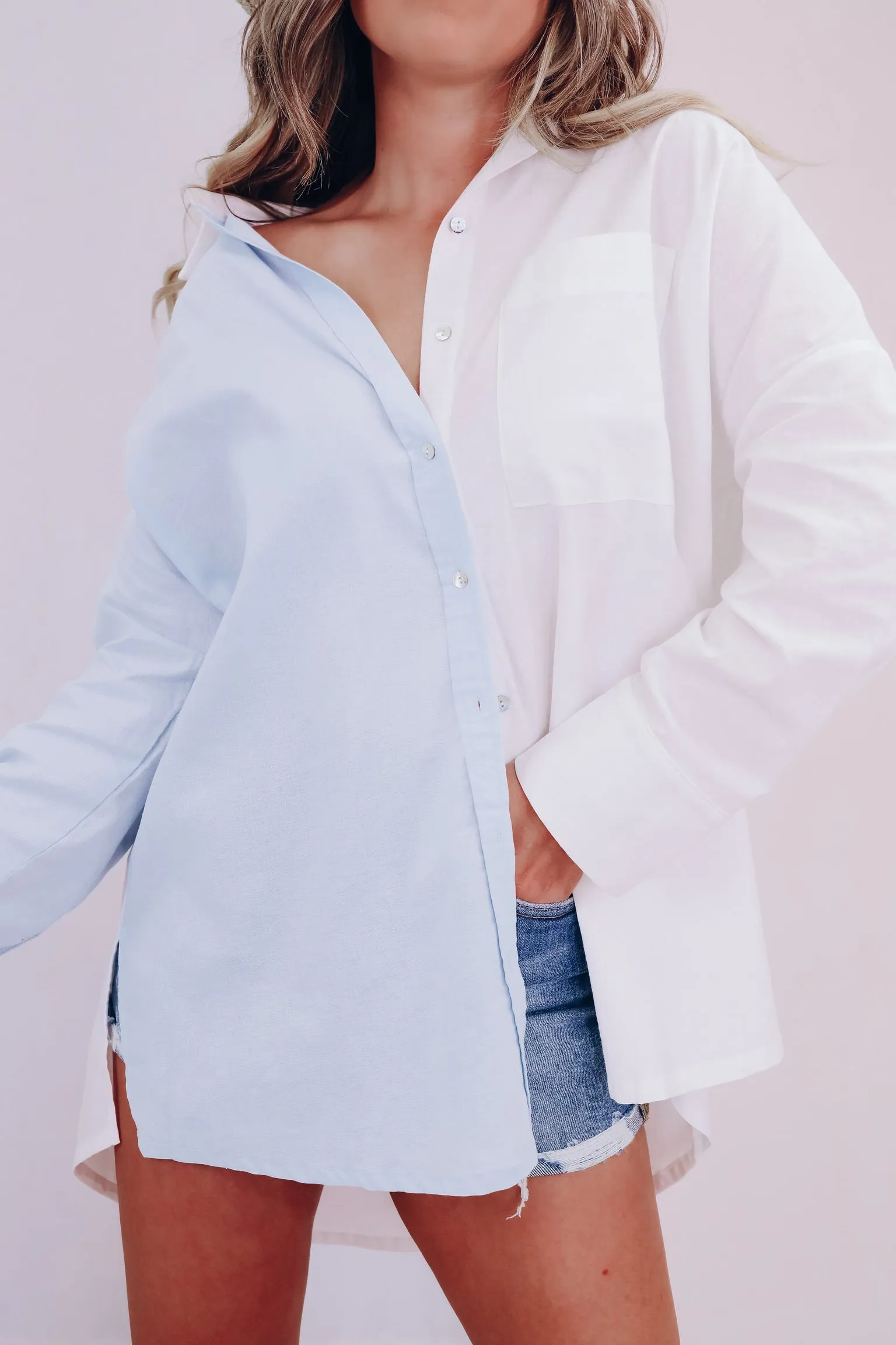 Coastal Color Block Button Up Shirt - Blue