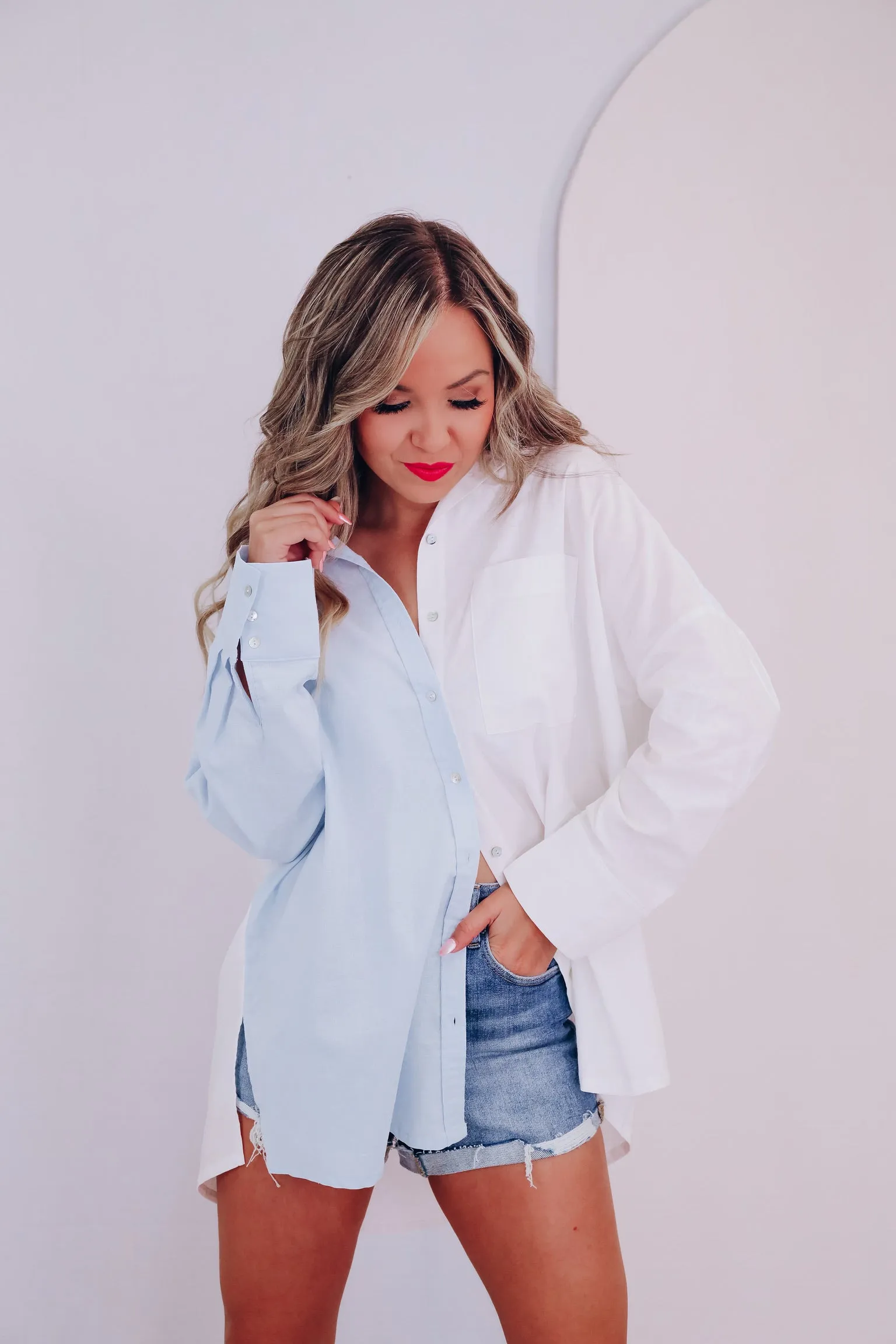 Coastal Color Block Button Up Shirt - Blue