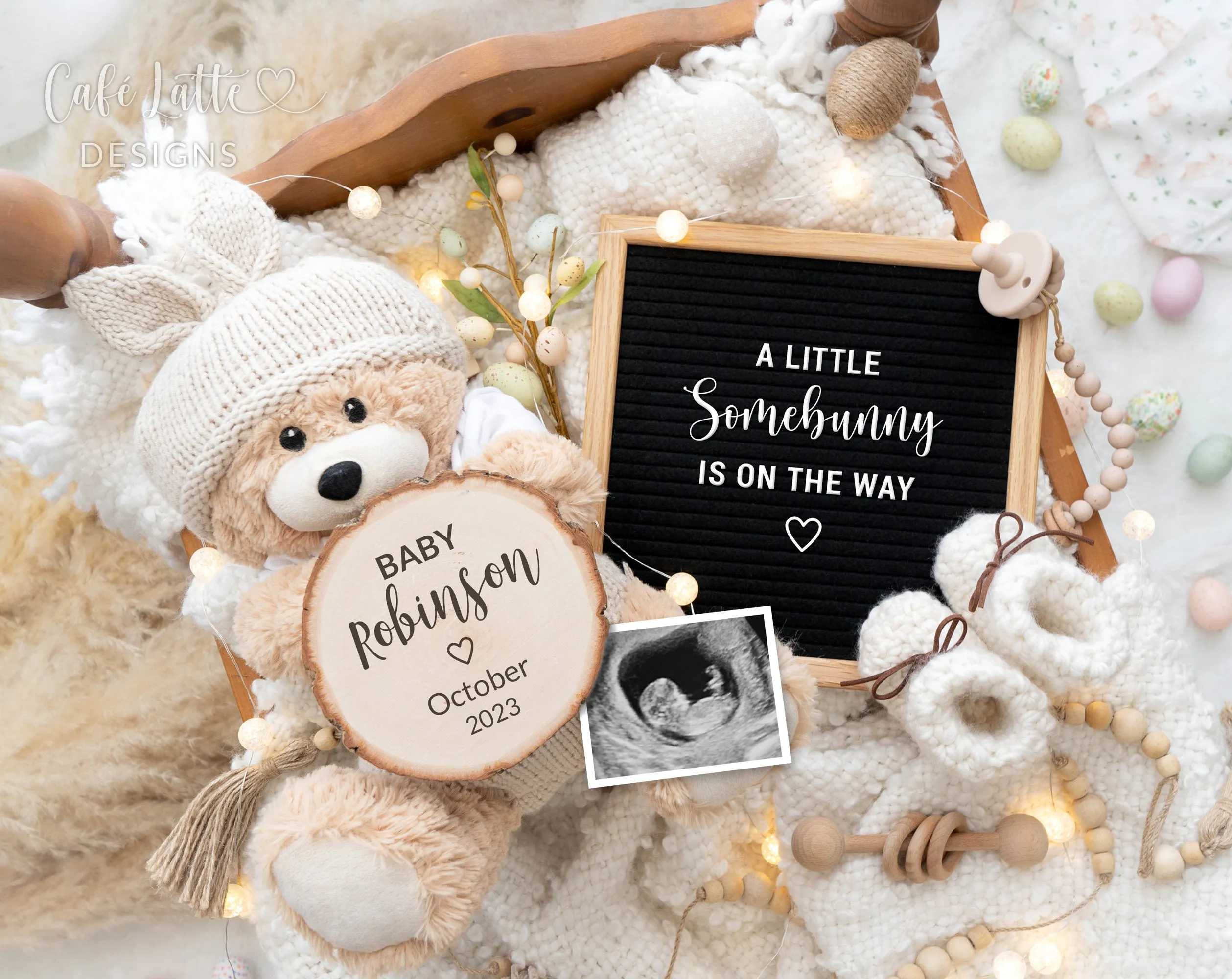 Easter Pregnancy Announcement Digital Reveal With Bunny Bear And Eggs