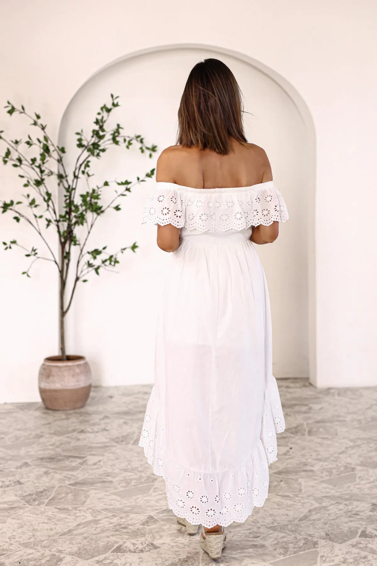 Ethereal White Eyelet High-Low Midi Dress