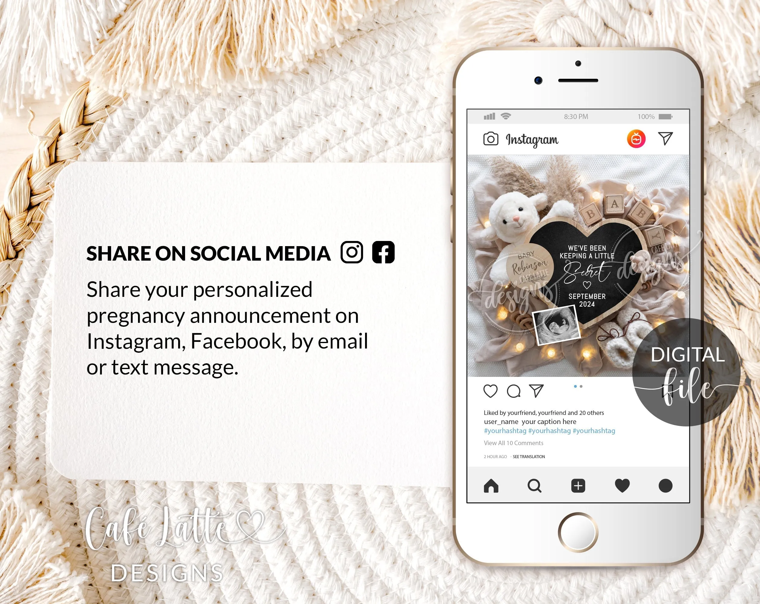 Fathers Day Pregnancy Announcement Digital For Social Media - Boho Heart