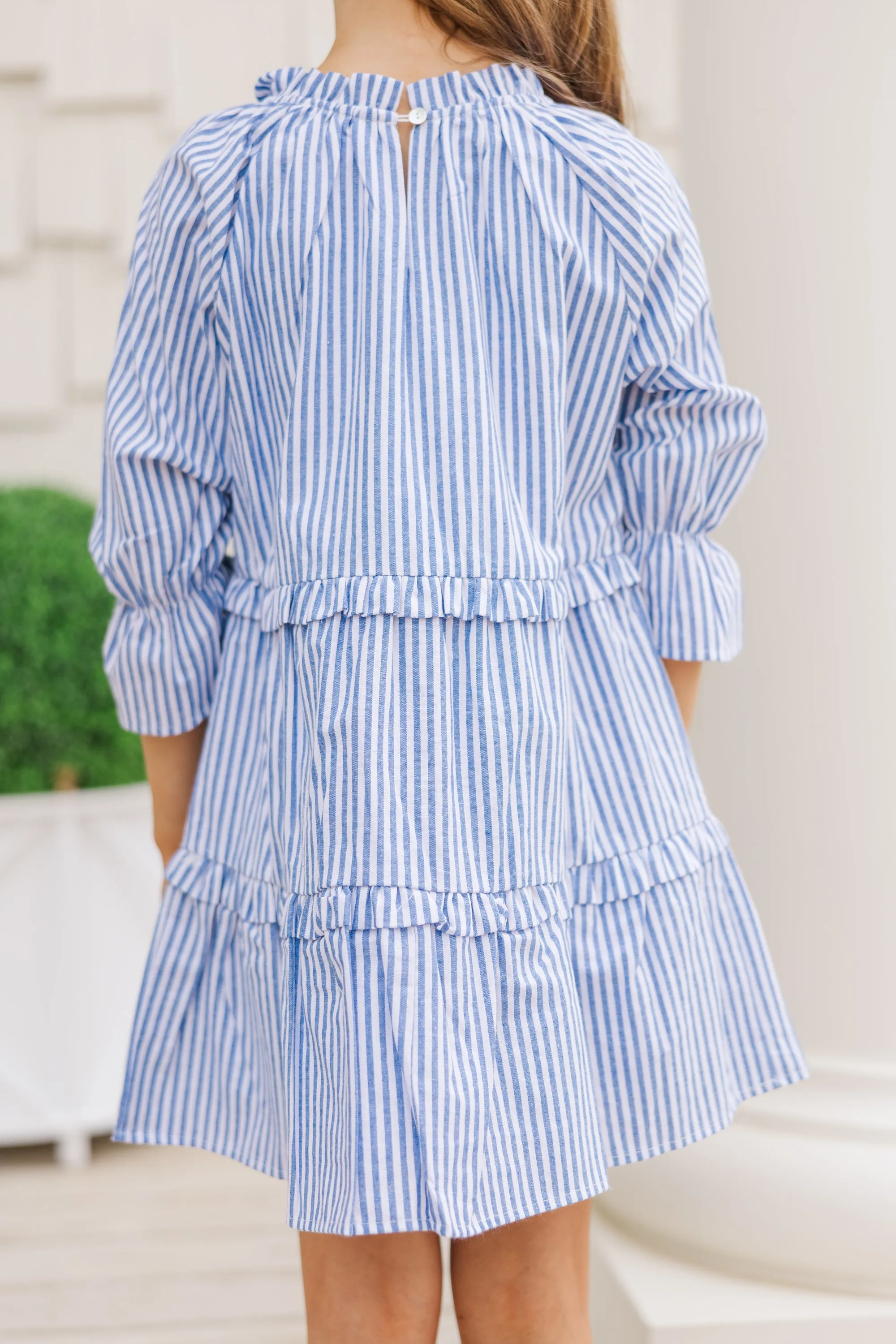 Girls: Always In the Lead Blue Striped Linen Dress