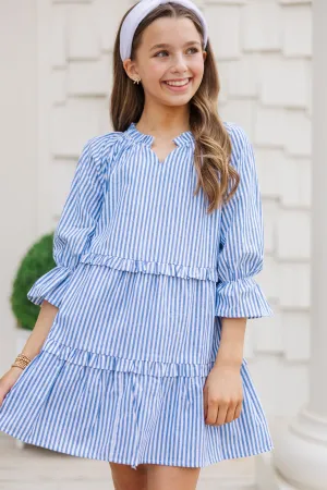 Girls: Always In the Lead Blue Striped Linen Dress