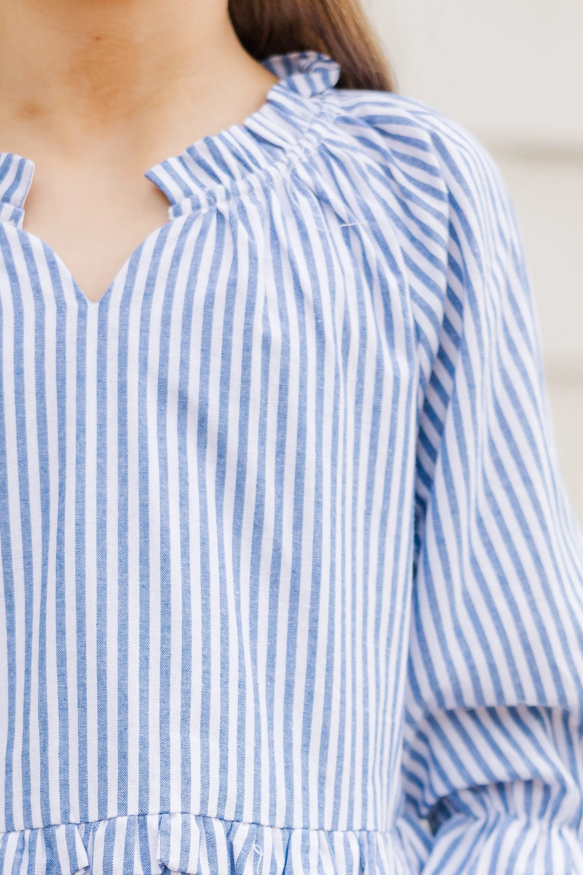 Girls: Always In the Lead Blue Striped Linen Dress