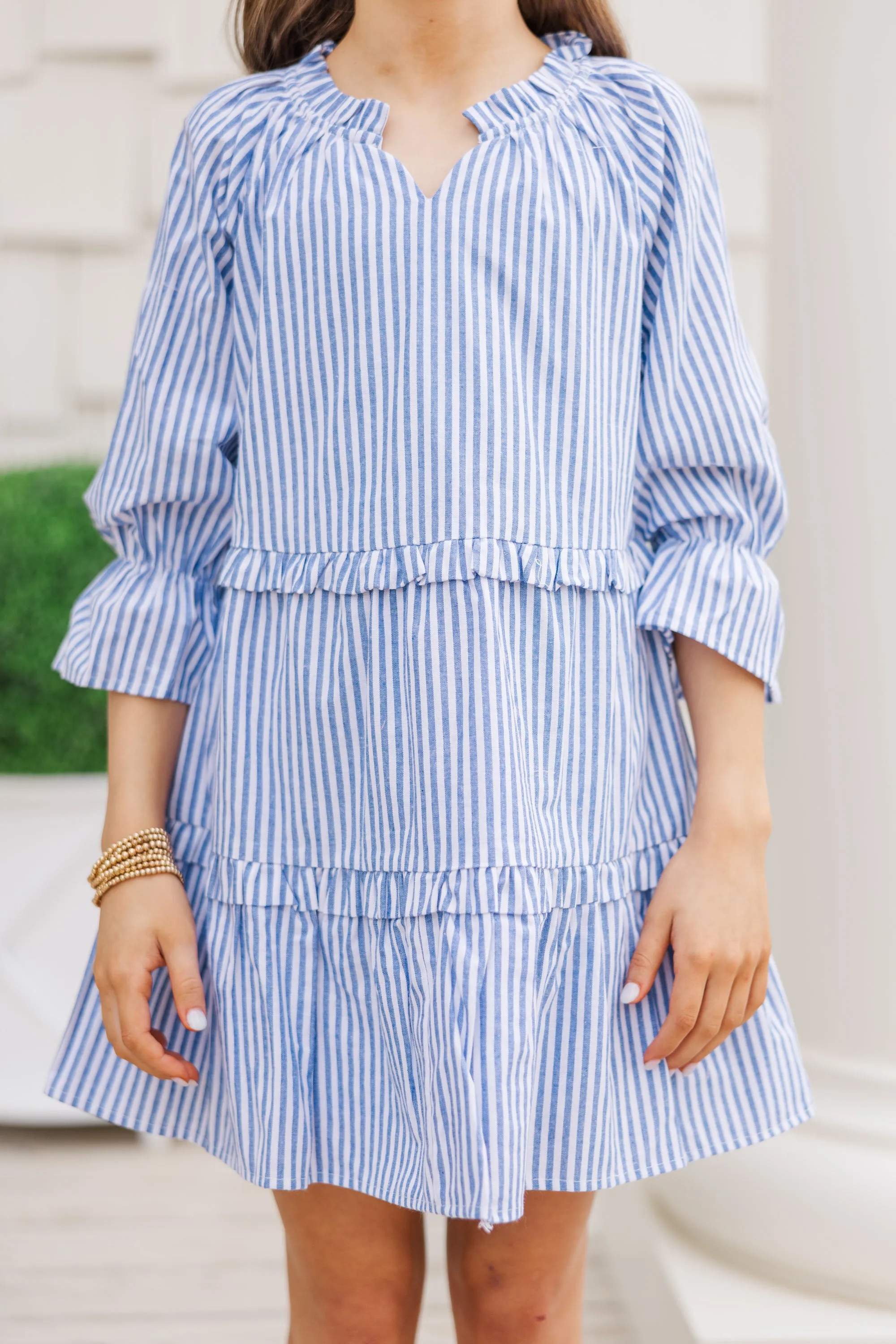 Girls: Always In the Lead Blue Striped Linen Dress