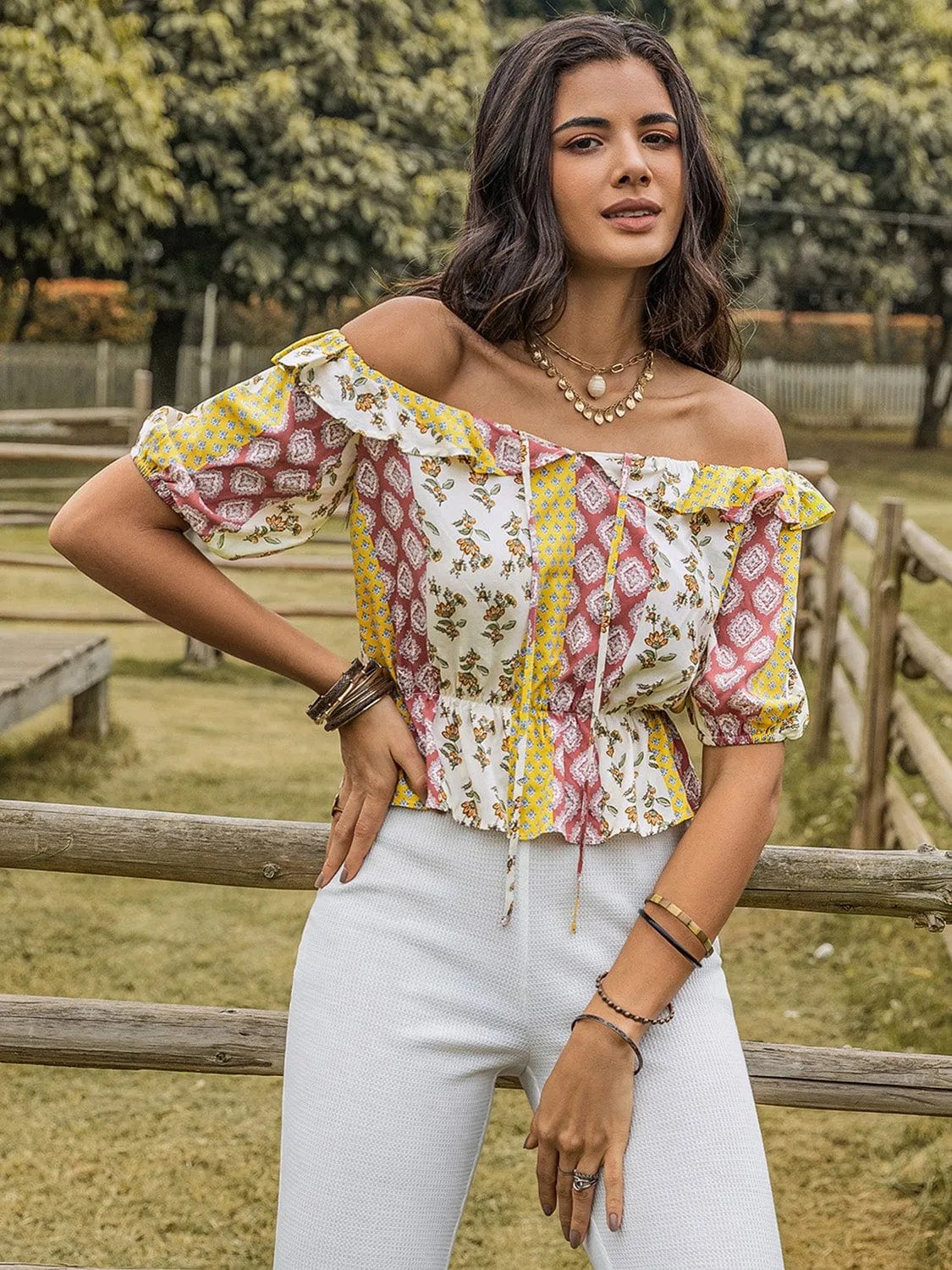 GYPSY-Boho Print Off-The-Shoulder Blouse