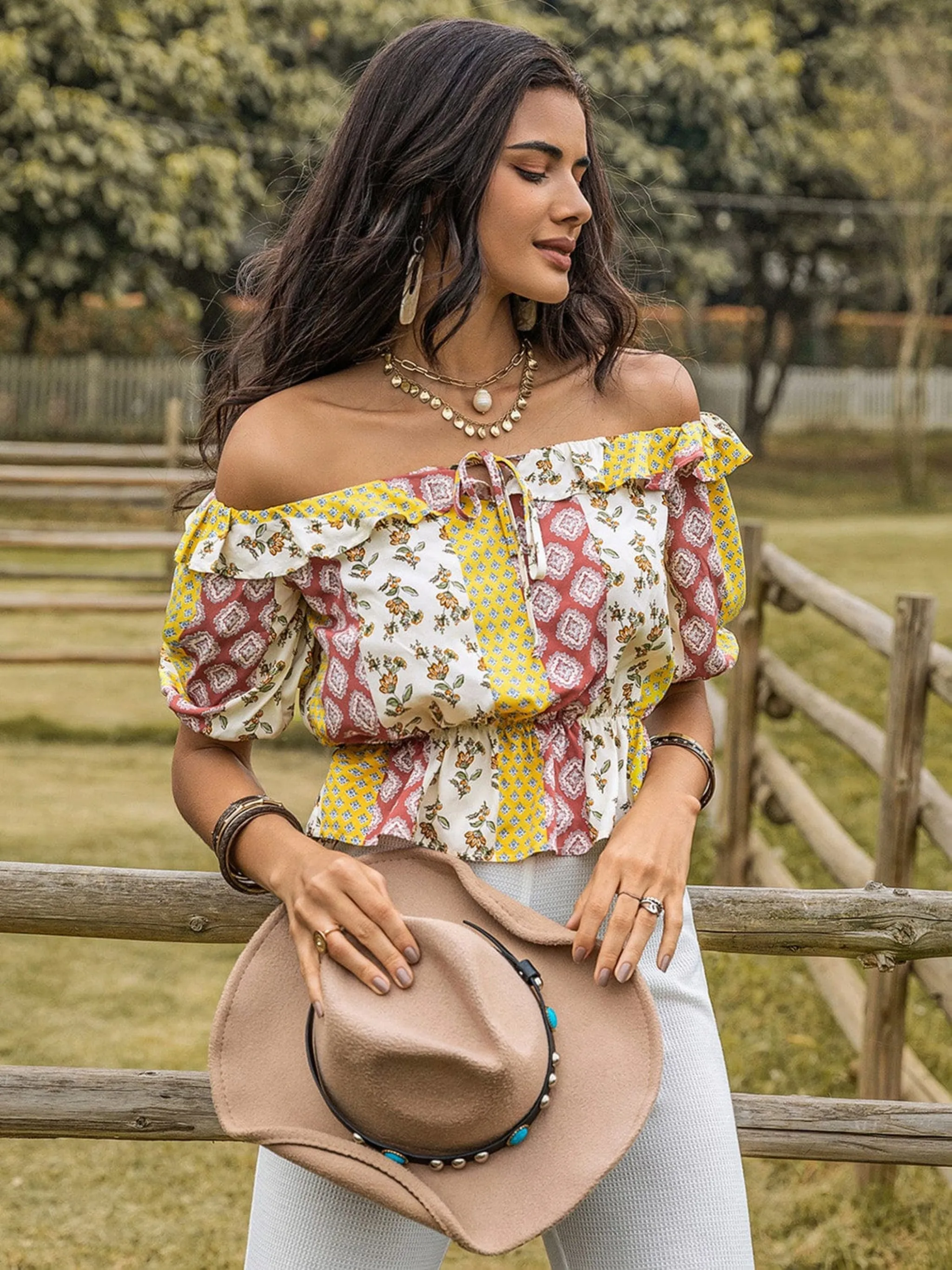 GYPSY-Boho Print Off-The-Shoulder Blouse