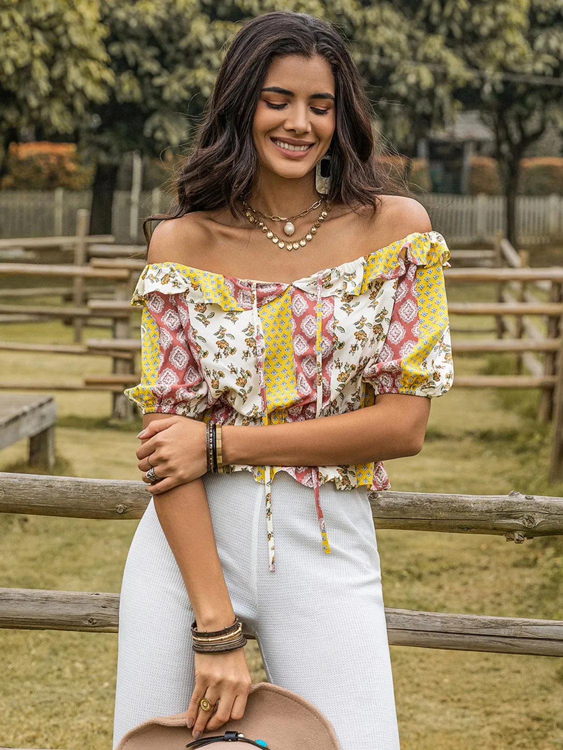 GYPSY-Boho Print Off-The-Shoulder Blouse