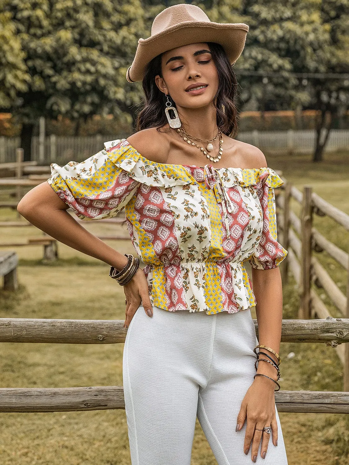 GYPSY-Boho Print Off-The-Shoulder Blouse