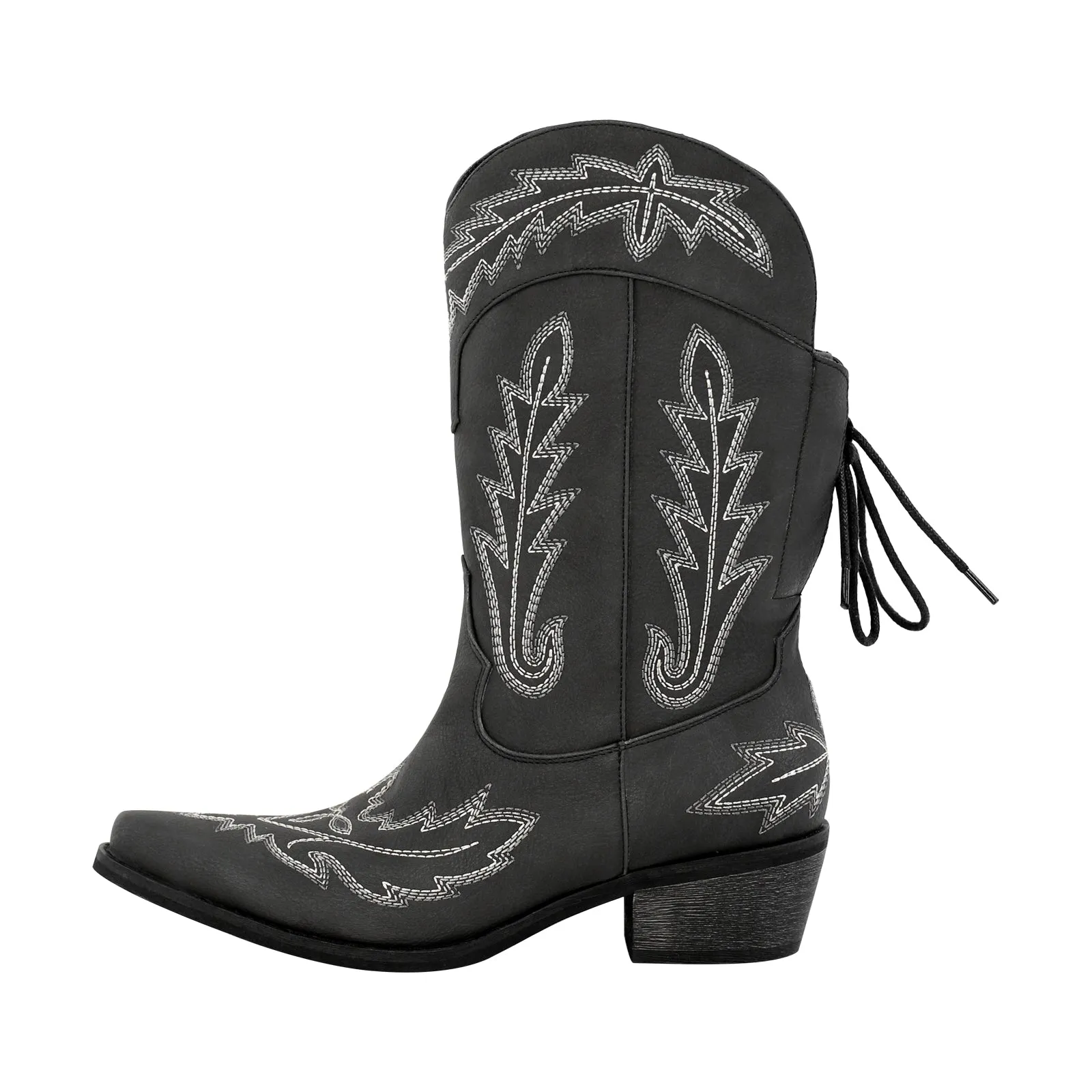Mid-Calf Embroidery Lace-up Western Boots