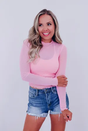 Midnight Sparkle Mesh Crop Top - Pink