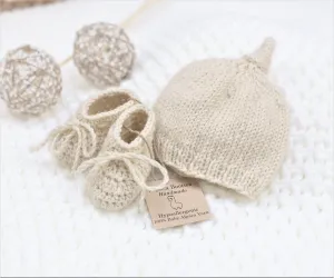 Natural Knotted Cap & Bootie | 100% Alpaca | Newborn Baby