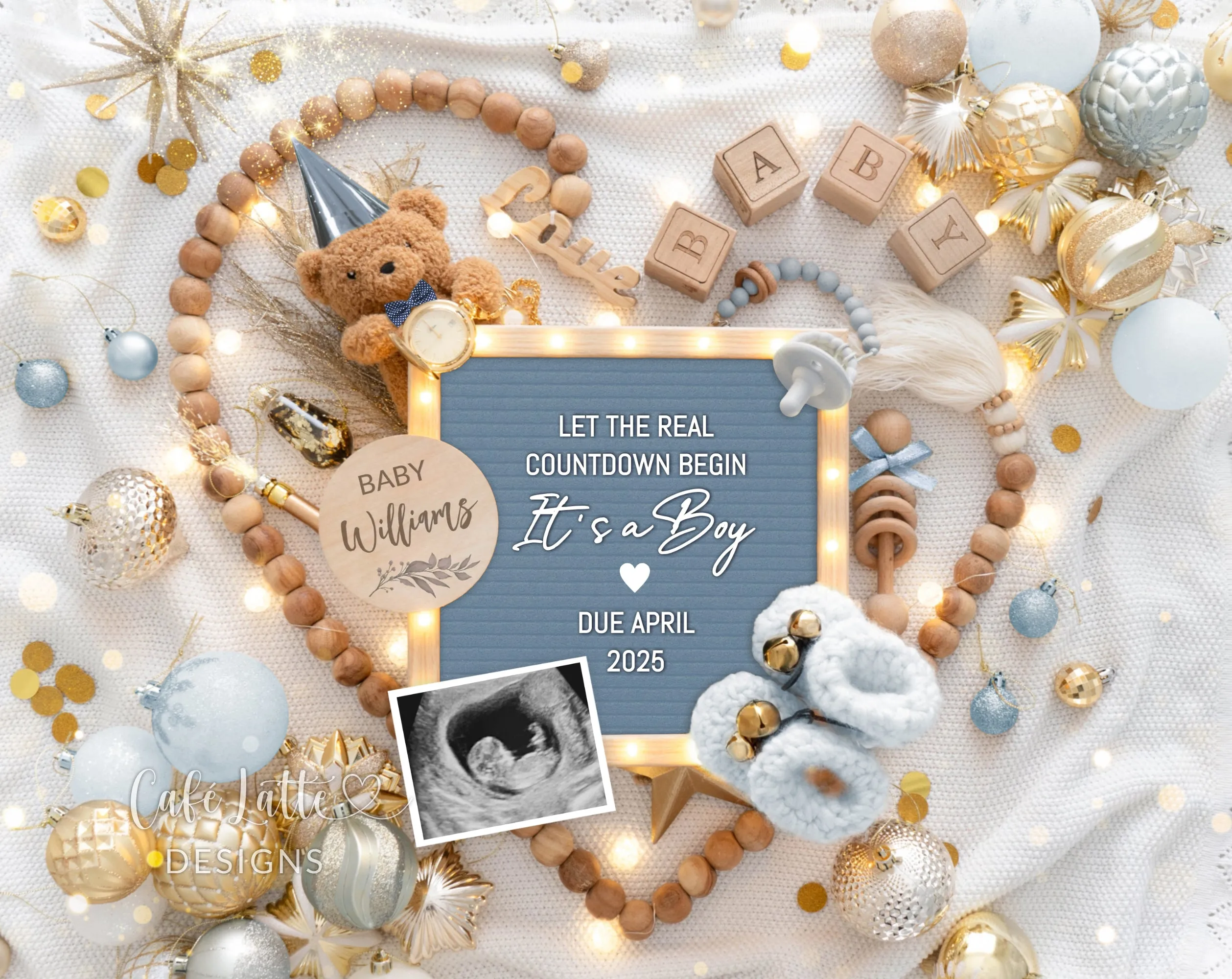 New Years Baby Boy Digital Gender Reveal - Bear - Heart Blue Ornaments - Countdown
