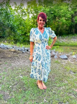Paisley Print Button Front Midi Dress with Scallop Trim Details