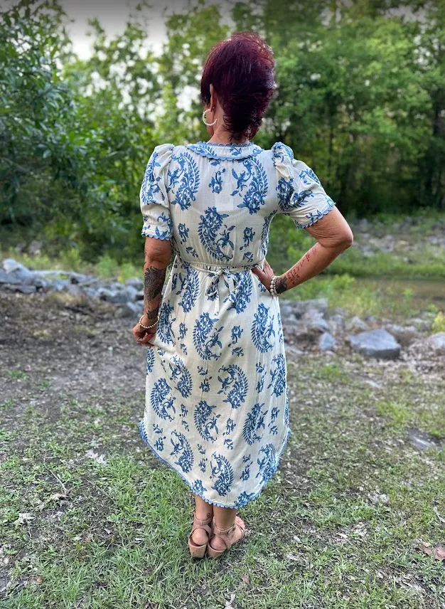 Paisley Print Button Front Midi Dress with Scallop Trim Details