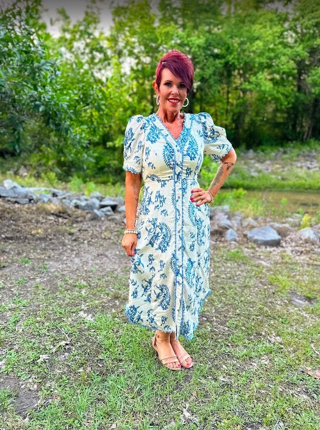 Paisley Print Button Front Midi Dress with Scallop Trim Details