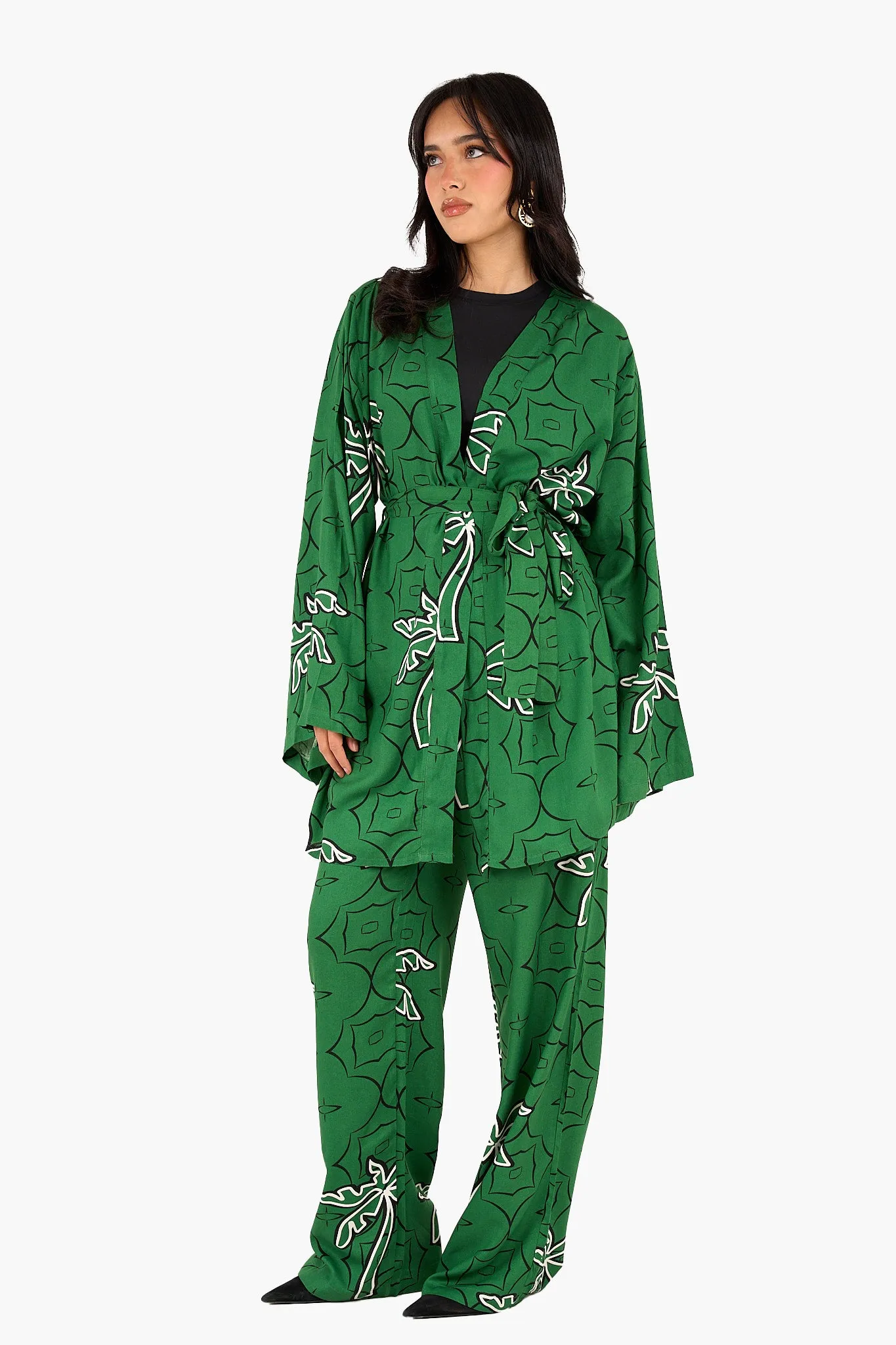Palm Printed Green Kimono