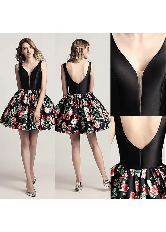 Satin V-neck Black Homecoming Dress