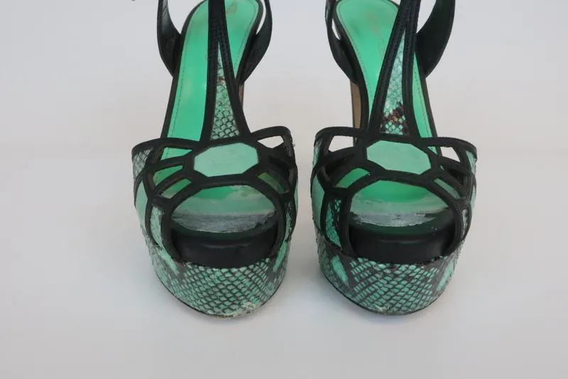 Sergio Rossi Puzzle Platform Sandal Green Snakeskin & Suede Size 37 T-Strap Heel