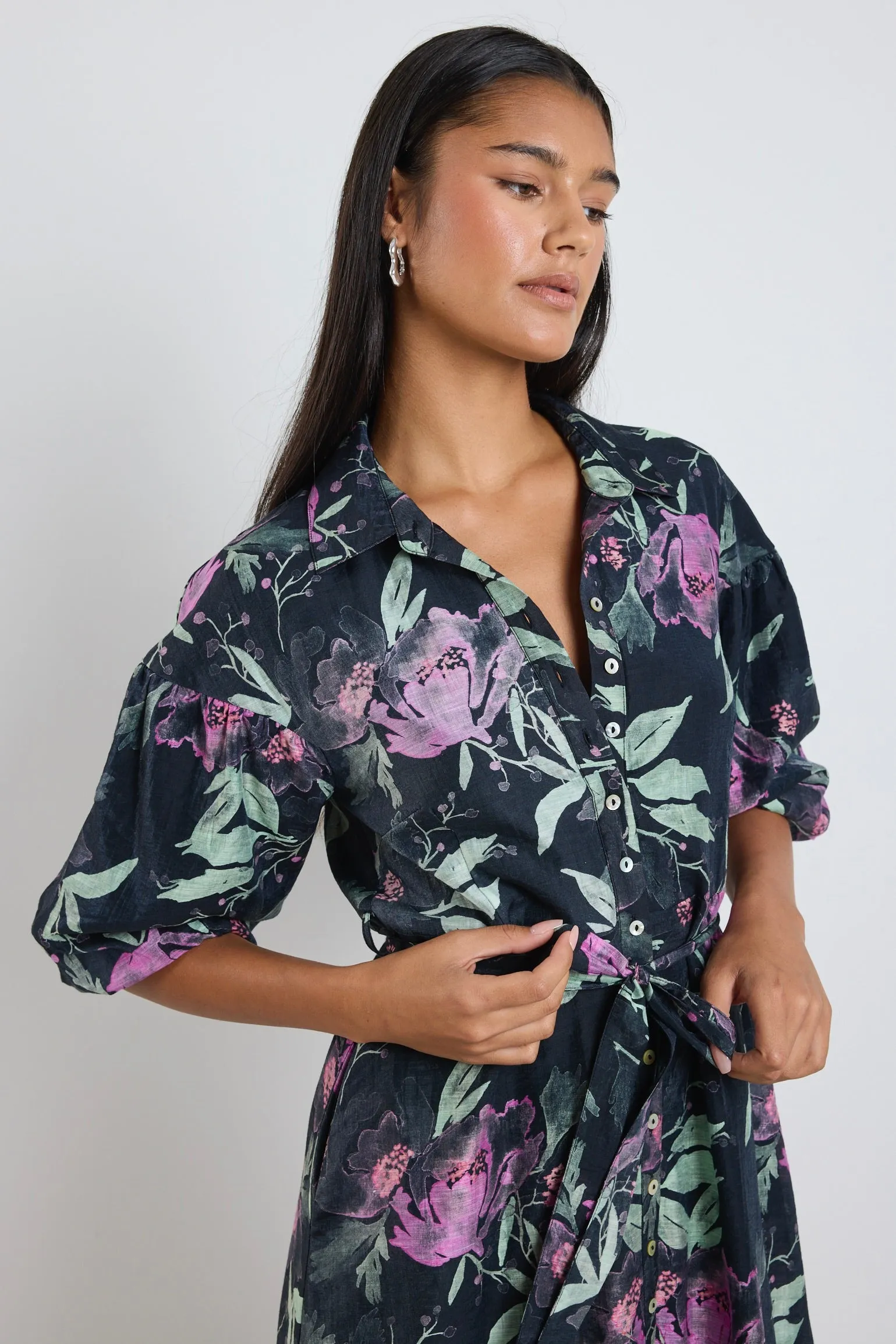 Studio Petrol Lilac Floral Balloon Sleeve Midi Shirt Dress