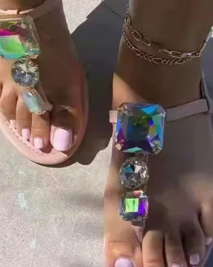 Toe Post Square Gems Slingback Flat Sandals