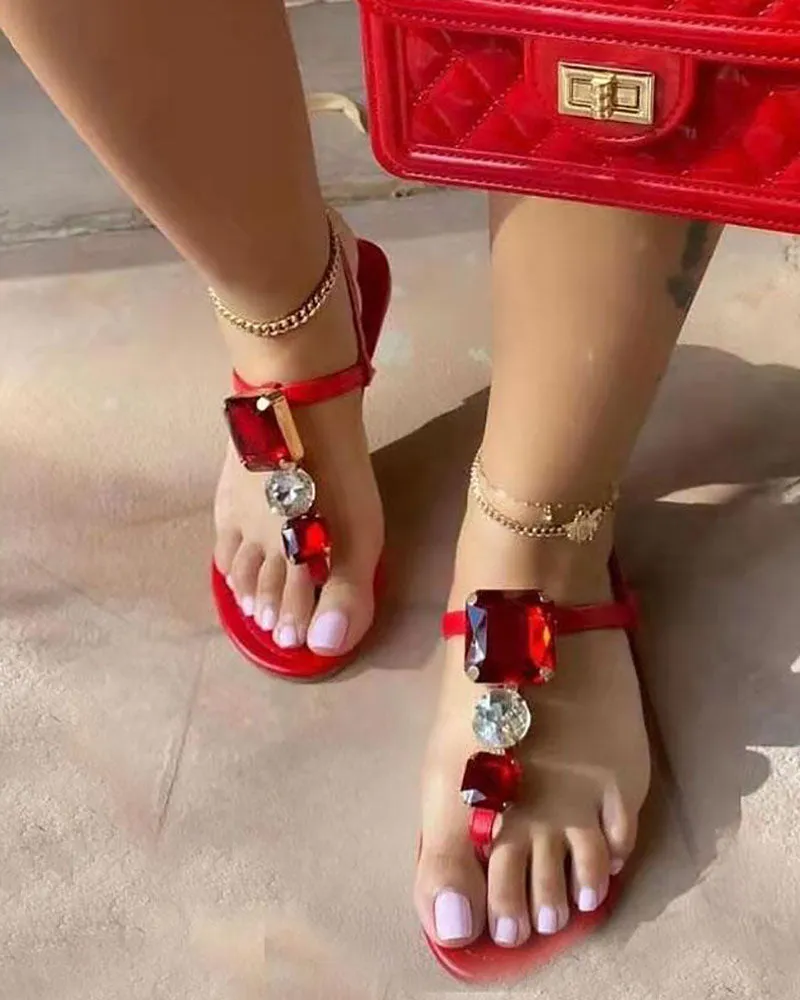 Toe Post Square Gems Slingback Flat Sandals