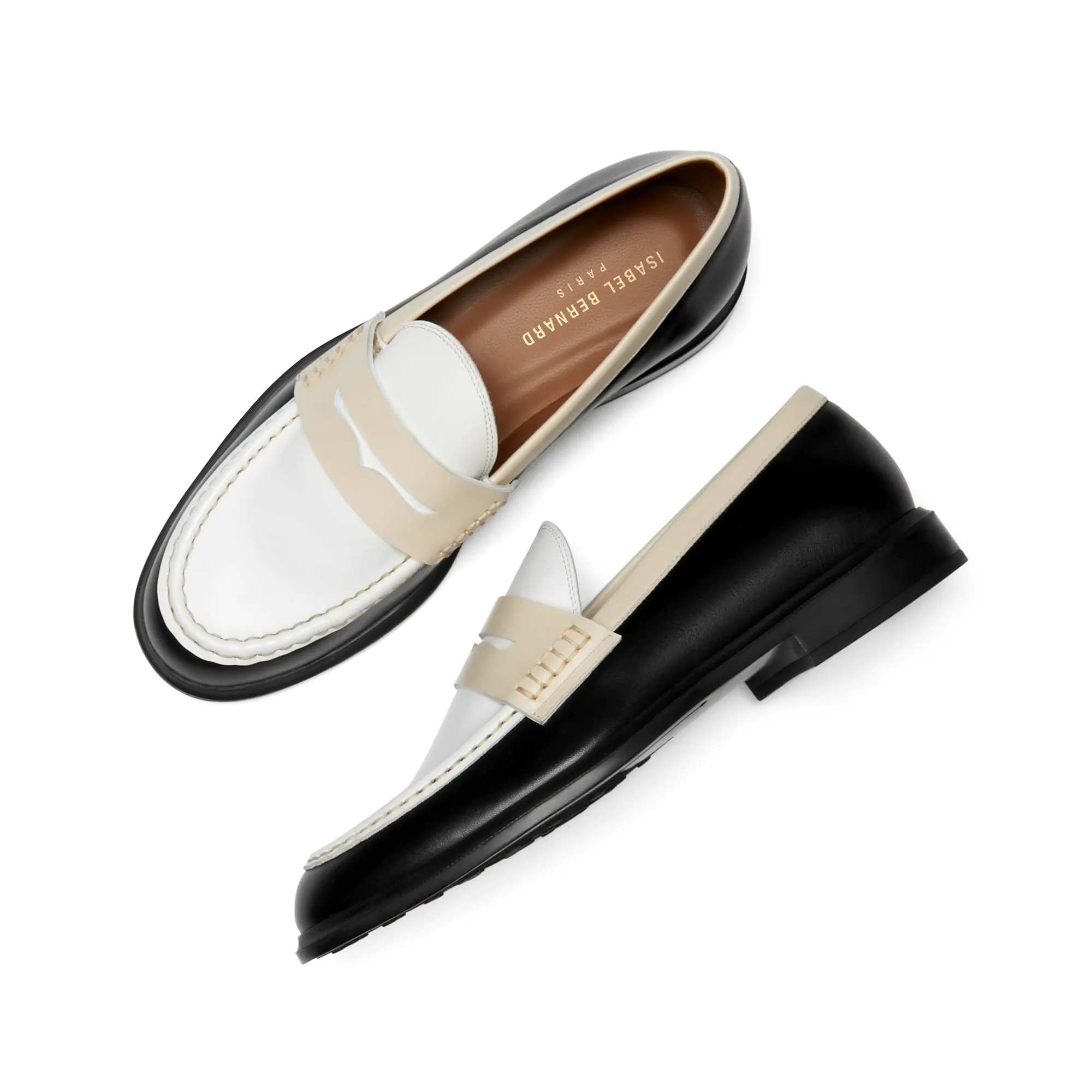 Vendôme Blandine black and white calfskin leather loafers with cream details