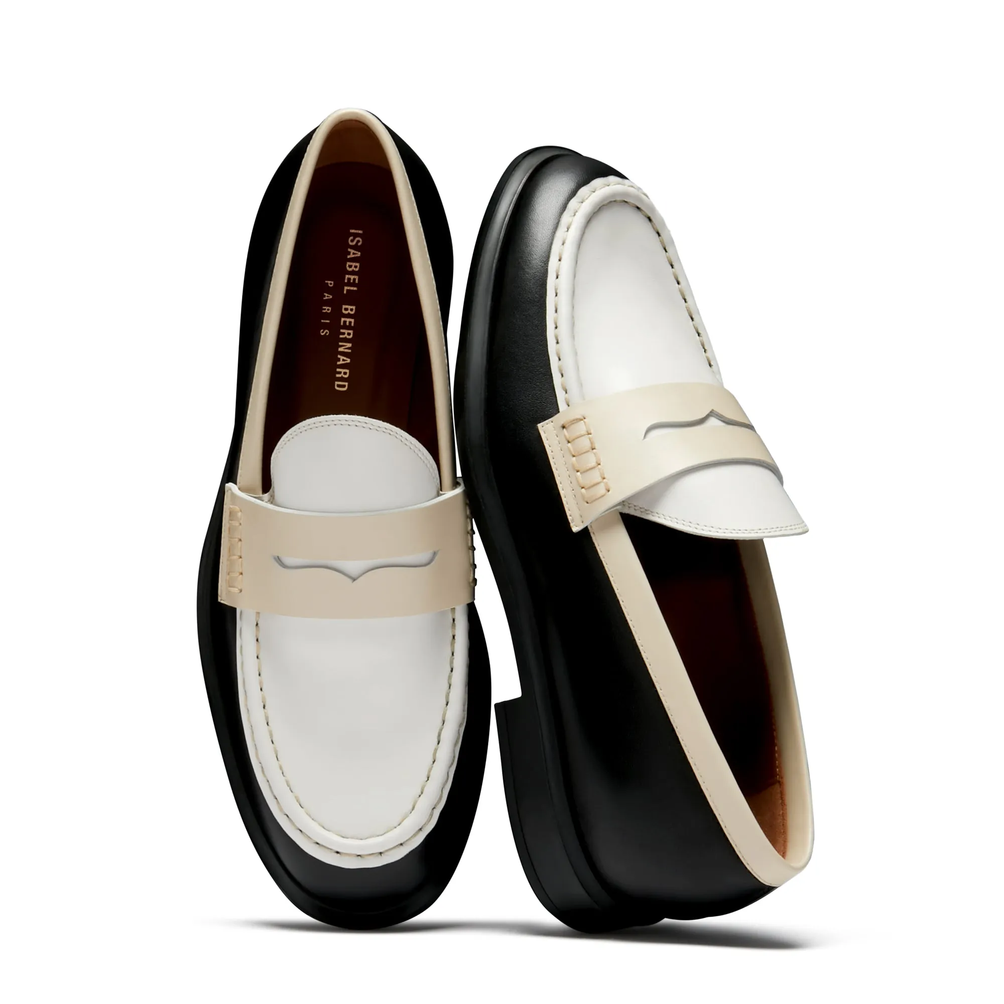 Vendôme Blandine black and white calfskin leather loafers with cream details