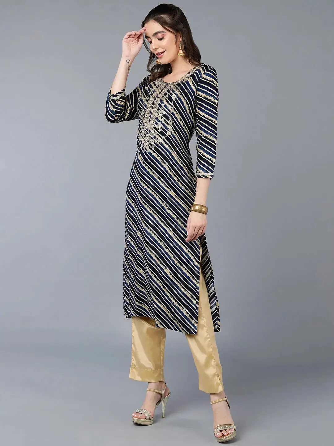 Viscose Rayon Navy Blue Laheriya Kurta