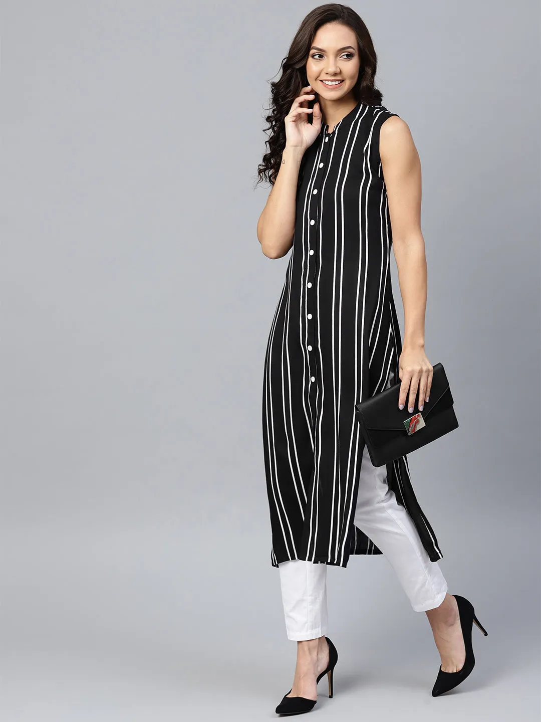 Women Black Striped Straight Kurta