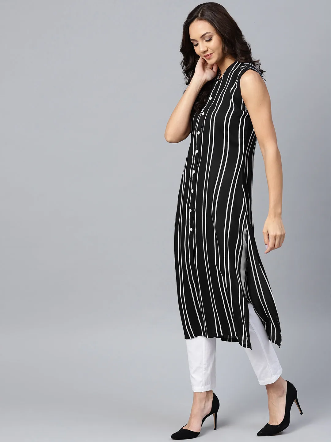 Women Black Striped Straight Kurta
