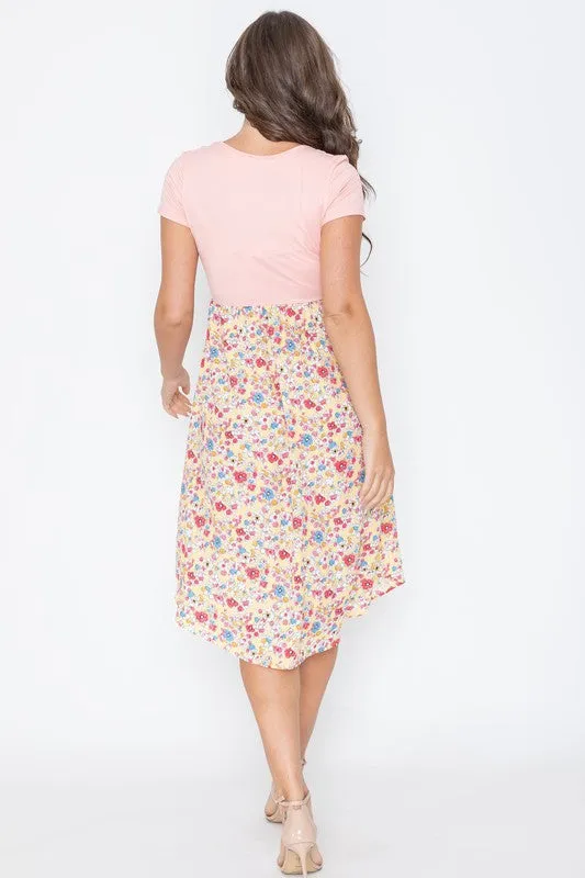 Women's Cap Sleeve Contrast Floral Midi Dress With Pockets